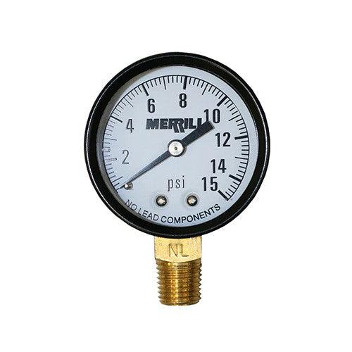 0-15 LB. PRESSURE GAUGE- NO LEAD,   CAN BE USED FOR AIR, WATER, STEAM, AND OTHER PRESSURE APPLICATIONS.