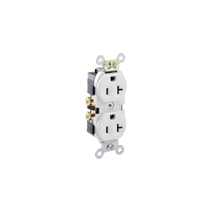 CR20-W Leviton Duplex Receptacle Outlet, Commercial Specification Grade, Indented Face, 20 Amp, 125 Volt, Side Wire, NEMA 5-20R, 2-Pole, 3-Wire, Self-Grounding - White