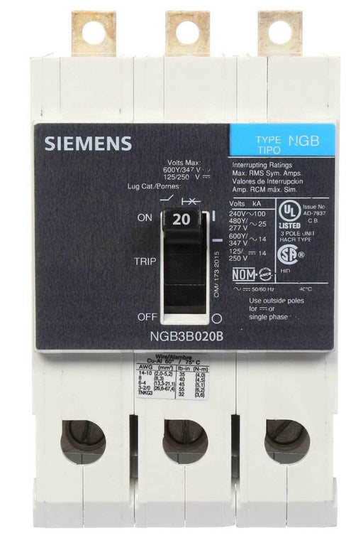 NGB3B020B Siemens Panelboard G Frame Circuit Breaker, 3P 480V