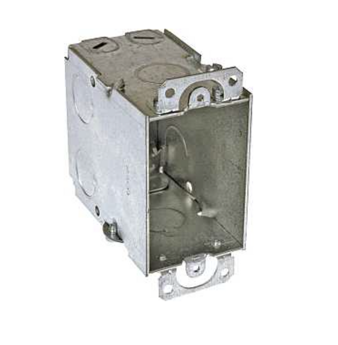 TP238 Eaton Crouse-Hinds Switch Box, (1) 1/2", 2, NM Clamps, 3-1/2", (1) 1/2" , Steel, (2) 1/2", Ears, Gangable, 18.0 Cubic Inch Capacity
