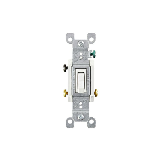 1453-2W Leviton 15 Amp, 120 Volt, Toggle Framed 3-Way AC Quiet Switch, Residential Grade, Grounding, Quickwire Push-In & Side Wired - White