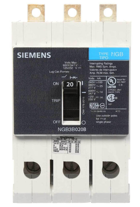 NGB3B020B - NGB3B020B Siemens Panelboard Mount G Frame Circuit Breaker, 3P 480V - American Copper & Brass - SIEMENS089 Inventory Blowout