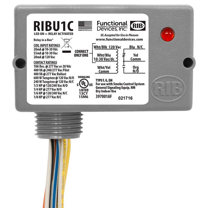 RIBU1C - Functional Devices Enclosed Pilot Relay, 10 Amp SPDT with 10-30 VAC/DC/120 VAC Coil - American Copper & Brass - FUNCTIONAL DEVICES INC FUSES, BLOCK, AND HOLDERS