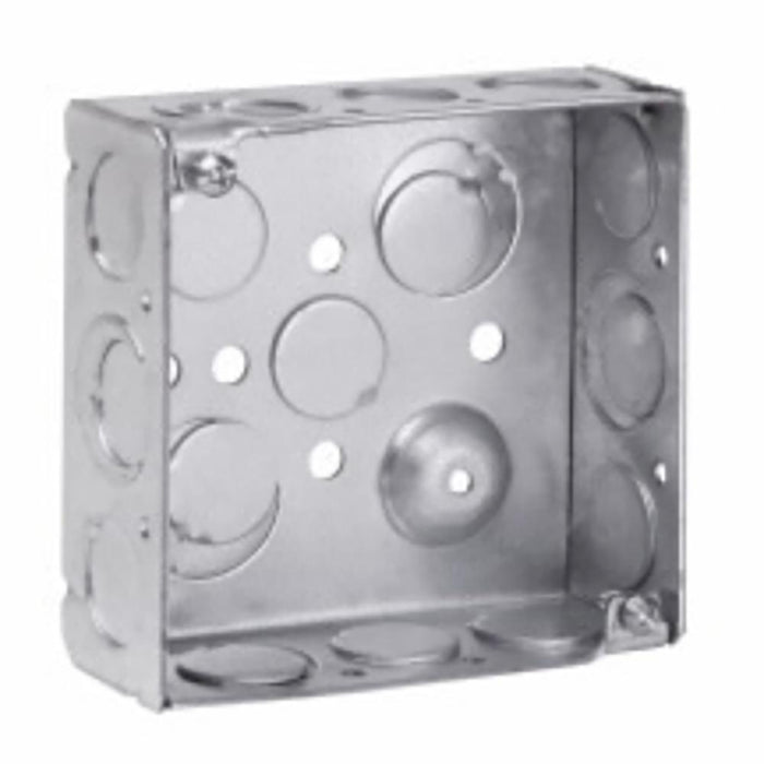 TP404 Eaton Crouse-Hinds Square Outlet Box, (2) 1/2", (2) 1/2", (1) 3/4" E, 4", Conduit (No Clamps), Welded, 1-1/2", Steel, (8) 1/2",(4) 1/2", (1) 3/4" E, 22.0 Cubic Inch Capacity